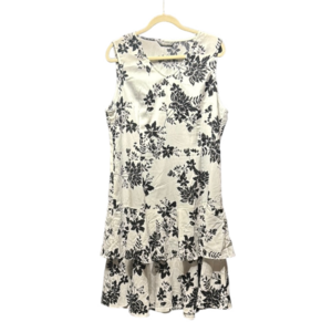 Allegra K White Tiered Midi Dress w/ Black Floral Print | Ruffled | Layering XL